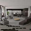 Modern Office Space With Sofa Coffee Table Desk Green Plant And Floor To Ceiling Windows