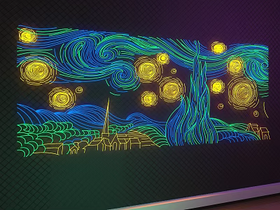 Van Gogh Style Starry Night Decorative Light with Glowing Stars Wavy Lines and Village Church 3d model