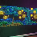 Van Gogh Style Starry Night Decorative Light with Glowing Stars Wavy Lines and Village Church