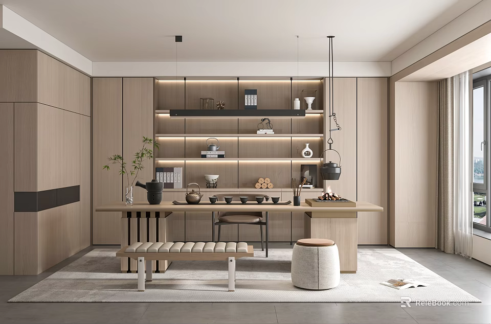 Modern Minimalist Tea Room Interior With Wooden Cabinets Floating Shelves Tea Sets And Long Table 3d model 