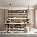 Modern Minimalist Tea Room Interior With Wooden Cabinets Floating Shelves Tea Sets And Long Table