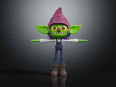 Green Skinned Cartoon Character With Pink Pointed Hat Yellow Eyes Blue Overalls And Brown Boots 3d model