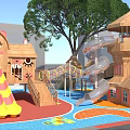 Colorful School Building With Green Roof Outdoor Playground Trees And Play Equipment
