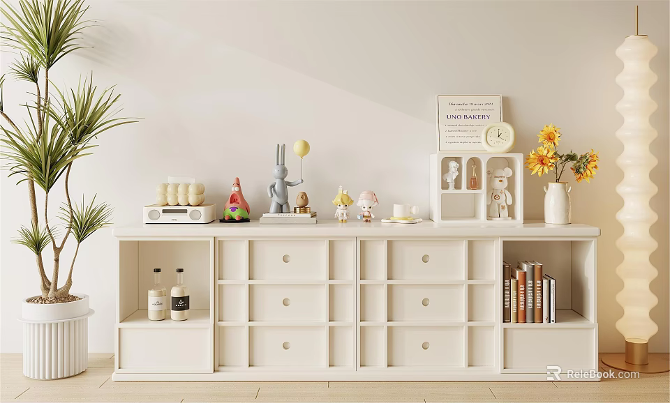 Elegant White Decorative Cabinet With Drawers Open Shelves Books Vase Yellow Flowers And Potted Plant 3d model 