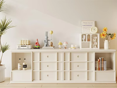 Elegant White Decorative Cabinet With Drawers Open Shelves Books Vase Yellow Flowers And Potted Plant 3d model