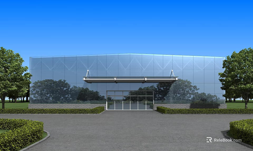 Modern Building Exterior Wall Featuring Glass Curtain Design Front Entrance And Green Surroundings 3d model 