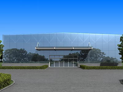 Modern Building Exterior Wall Featuring Glass Curtain Design Front Entrance And Green Surroundings 3d model