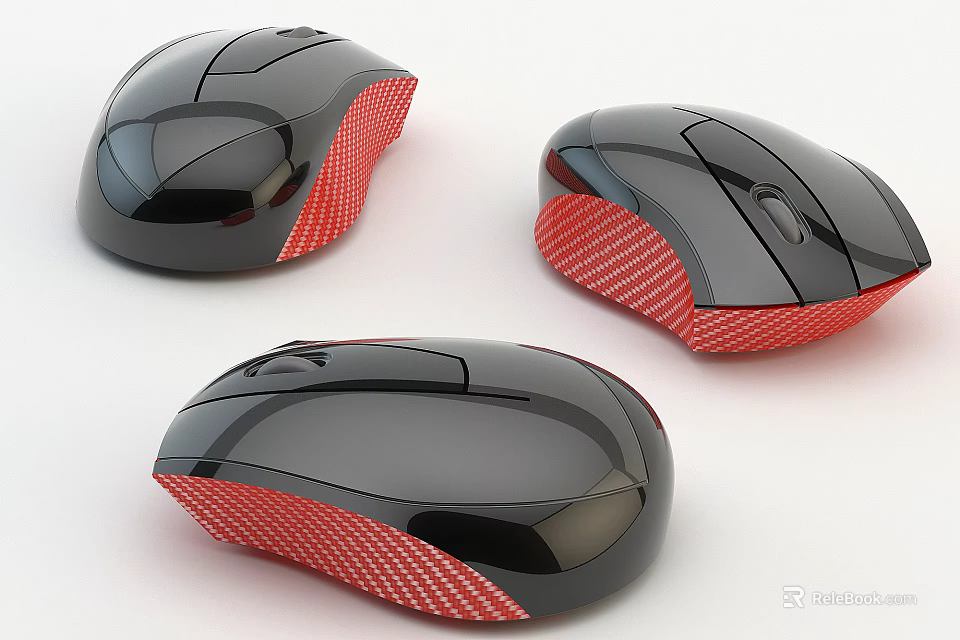 Three Black Computer Mice With Red Textured Base And Sleek Design 3d model 