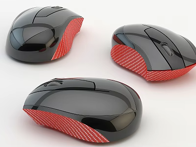 Three Black Computer Mice With Red Textured Base And Sleek Design 3d model