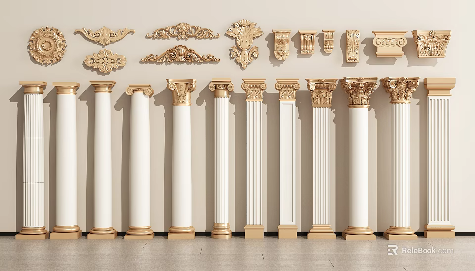 Elegant Roman Columns Collection With Varied Styles And Golden Details 3d model 
