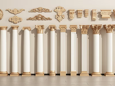 Elegant Roman Columns Collection With Varied Styles And Golden Details 3d model