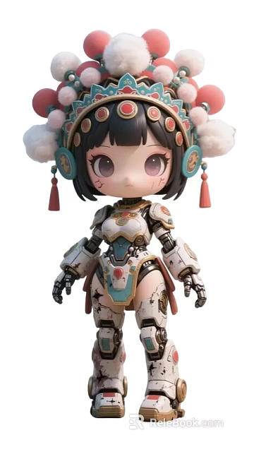 Cute Chibi Game and Movie Character With Fluffy Headdress Mechanical Armor and Red Tassels 3d model