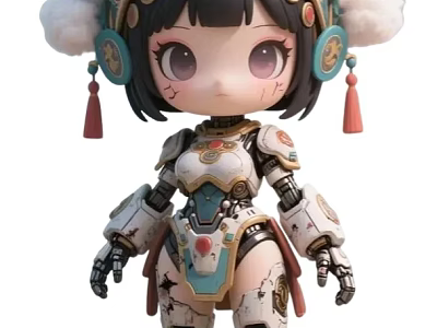 Cute Chibi Game and Movie Character With Fluffy Headdress Mechanical Armor and Red Tassels 3d model