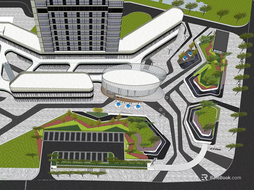 Modern Commercial Complex Featuring Multi Building Design Parking Green Spaces And Plaza 3d model 