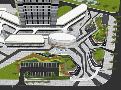 Modern Commercial Complex Featuring Multi Building Design Parking Green Spaces And Plaza 3d model