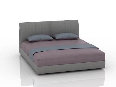Modern Sleek Double Bed With Gray Headboard Purple Bedspread And Gray Pillows 3d model