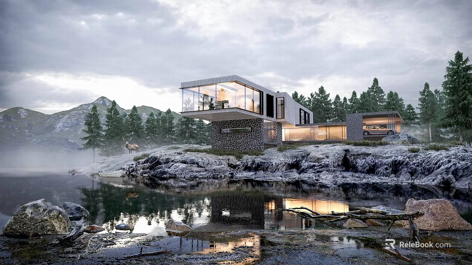 Modern Detached Villa on Lakeside Rocky Terrain Surrounded by Forest with Glass Windows and Reflection 3d model 