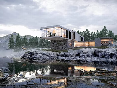Modern Detached Villa on Lakeside Rocky Terrain Surrounded by Forest with Glass Windows and Reflection 3d model