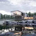 Modern Detached Villa on Lakeside Rocky Terrain Surrounded by Forest with Glass Windows and Reflection