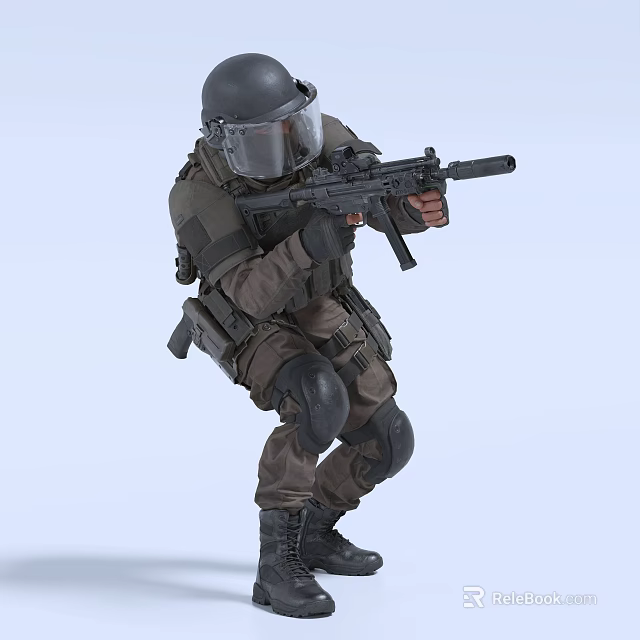 Man in Tactical Gear with Helmet and Face Shield Holding Rifle in Crouching Position 3d model 