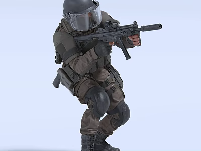 Man in Tactical Gear with Helmet and Face Shield Holding Rifle in Crouching Position 3d model