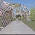 Scenic Park Landscape With Green Trees Pink Blossoms Tiled Pavement Green Lawn And Blue Sky