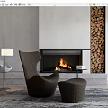 Modern Brown Woven Single Sofa Living Room Interior With Fireplace Ottoman Floor Lamp And Rug