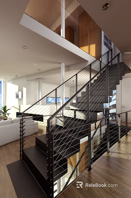 Modern Entryway Hallway with Metal Railings Open Space White Sofa and Potted Plant 3d model 