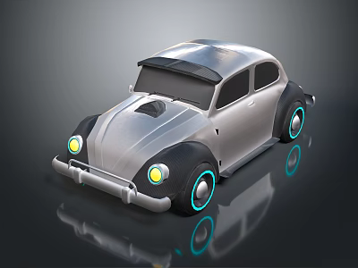 Shiny Silver Vintage Style Car With Yellow Headlights And Blue Rimmed Tires 3d model