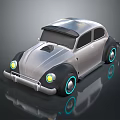 Shiny Silver Vintage Style Car With Yellow Headlights And Blue Rimmed Tires