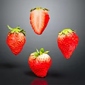 Fresh Ripe Strawberries With One Cut Half Floating On Dark Background