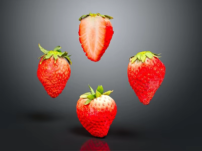 Fresh Ripe Strawberries With One Cut Half Floating On Dark Background 3d model