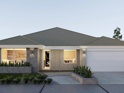 Modern Detached House Exterior With Green Roof White Garage And Landscaped Plants 3d model