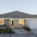 Modern Detached House Exterior With Green Roof White Garage And Landscaped Plants