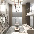 Modern Duplex Living Room With High Ceiling Chandelier And Comfortable Sofa