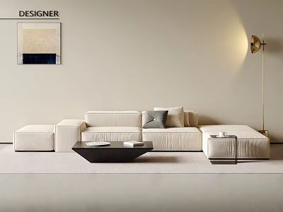 Modern Beige L Sofa And Coffee Table Set With Cushions Floor Lamp And Wall Art 3d model