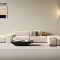 Modern Beige L Sofa And Coffee Table Set With Cushions Floor Lamp And Wall Art