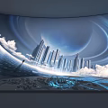 Commercial Equipment With Curved Screen Showing Futuristic City Sky Clouds Planet And Illuminated Interactive Floor