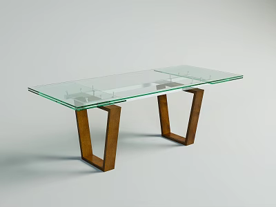 Modern Coffee Table With Clear Glass Top And Wooden Geometric Legs Design 3d model