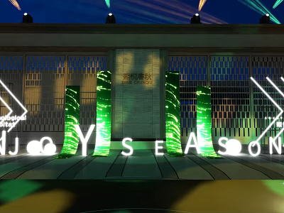 Joy Season Night Scene With Illuminated Green Pillars And Building Lights 3d model