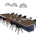 Long Wooden Dining Table With Chairs And Three Pendant Lights Above Teacups Newspaper On Top