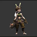 3D Female Character With Insect Antennae Wings Green Top Brown Pants Holding Tools