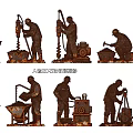 Multiple Workers Silhouette Sculptures Showing Functional Construction Scenes