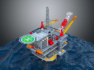 Offshore Oil Drilling Platform Structure With Drilling Rig Crane And Ocean Environment 3d model