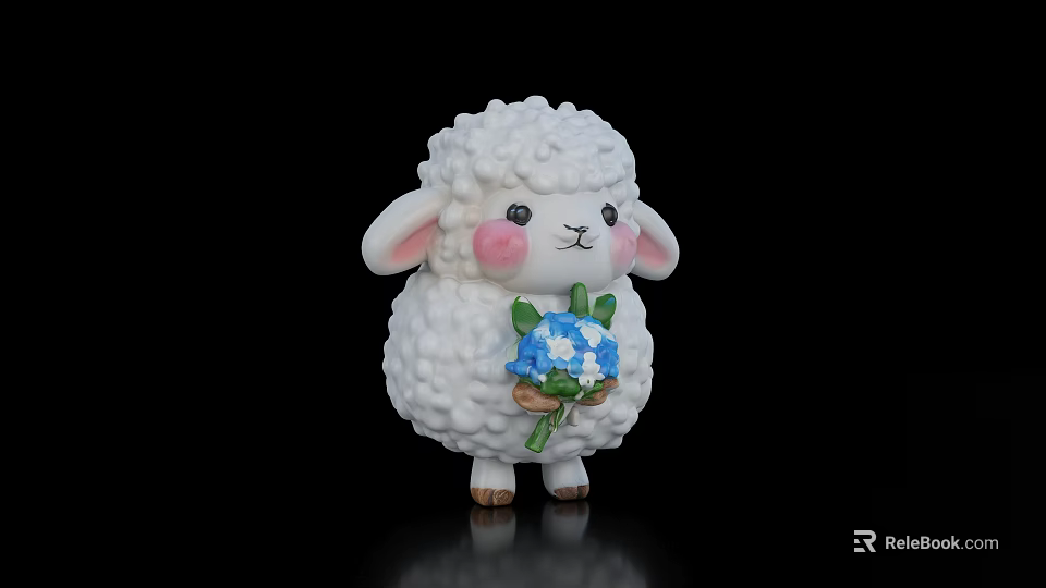 Cute White Lamb Plush Doll Holding Blue Flowers Against Black Background 3d model 