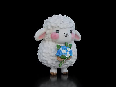 Cute White Lamb Plush Doll Holding Blue Flowers Against Black Background 3d model