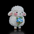 Cute White Lamb Plush Doll Holding Blue Flowers Against Black Background