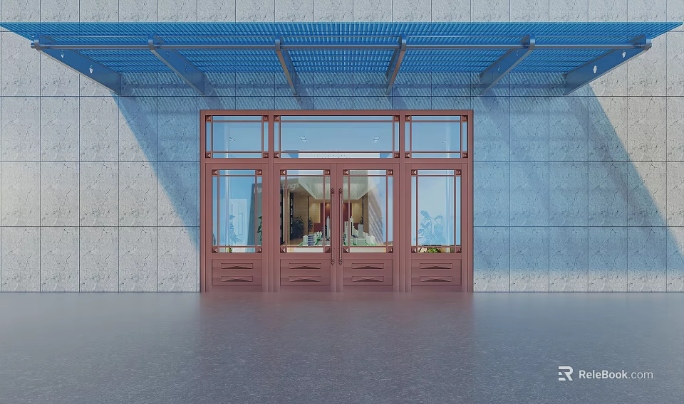 Modern Brown Glass Double Door with Blue Canopy Gray Tiled Wall and Smooth Floor 3d model 