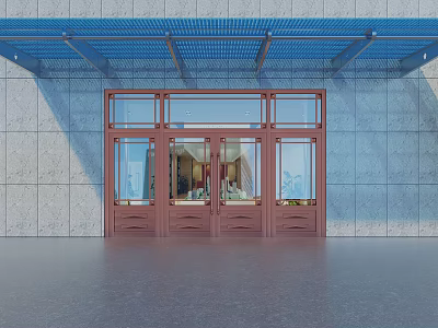 Modern Brown Glass Double Door with Blue Canopy Gray Tiled Wall and Smooth Floor 3d model