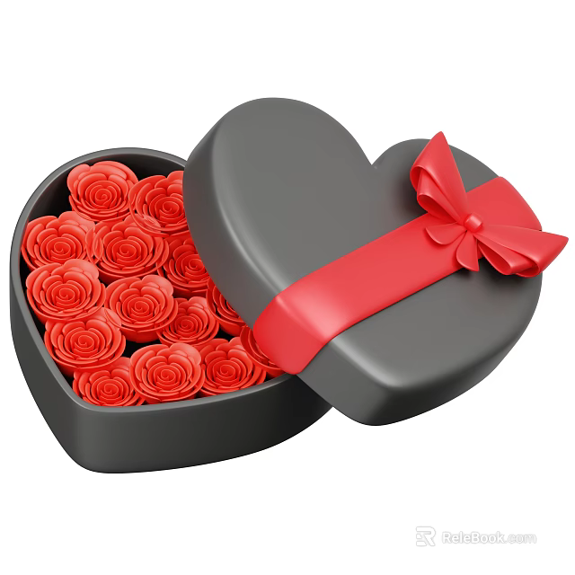 Open Black Heart Shaped Box Filled With Red Roses And Red Ribbon Bow Decoration 3d model 